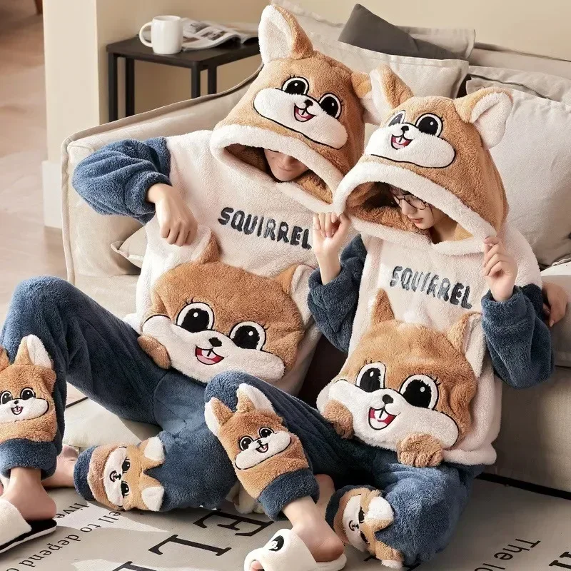 Winter Thicken Couples Pajamas Sets Sleepwear Adult  Cartoon Cat Kawaii Women Men Anime Pyjamas Korean Hoodie Suits Nightgown