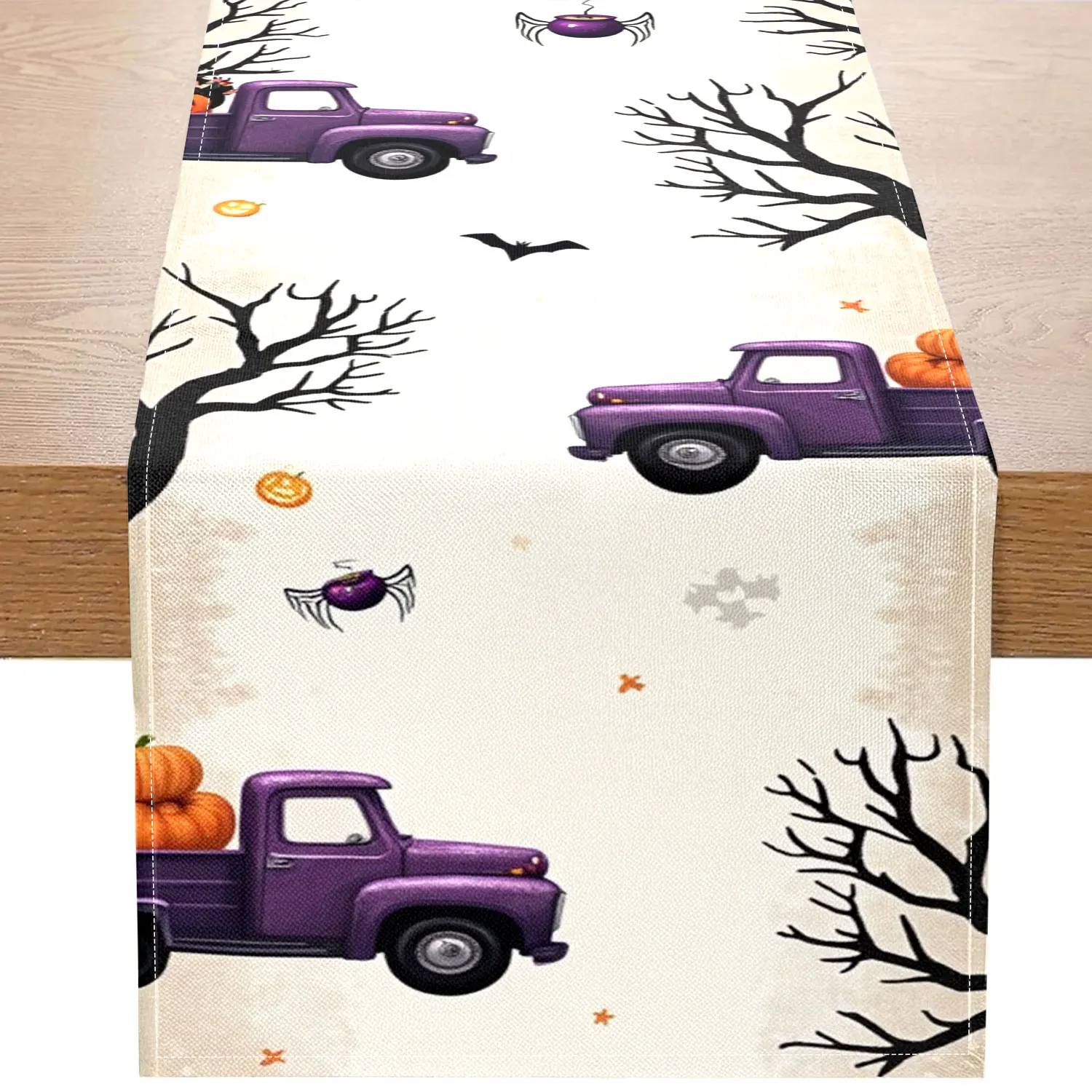 

1 Halloween-Themed Table Runner, Featuring Purple Trucks, Pumpkins, Bats, Etc., Suitable for Halloween Parties, Holiday Decorations, Etc