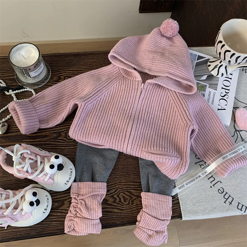 

Korean version children's suit new autumn girls hooded knitted jumper cardigan jacket colour blocking bottoms two-piece set