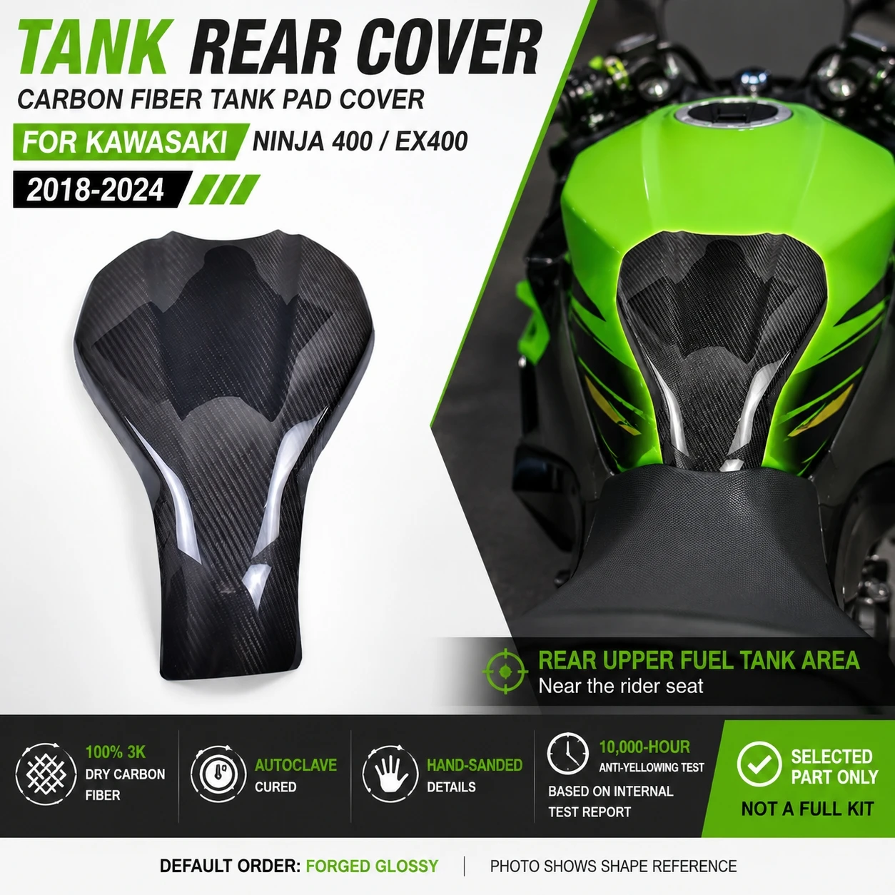 

Forged Carbon Fiber Tank Rear Cover Tank Pad Guard for Kawasaki Ninja 400 Ninja400 EX400 2018-2024 Motorcycle Accessories