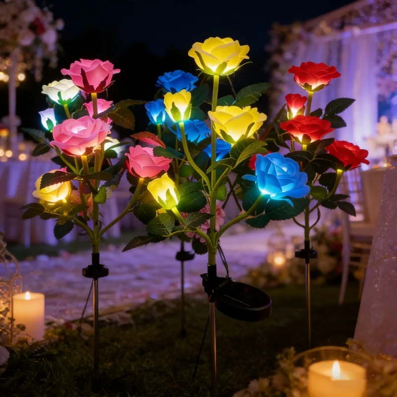 

5 Heads Rose Lawn Lamp Outdoor Decorative Solar Lights Camping Garden Lights for Yard Patio Garden Wedding Decor Fairy Lights