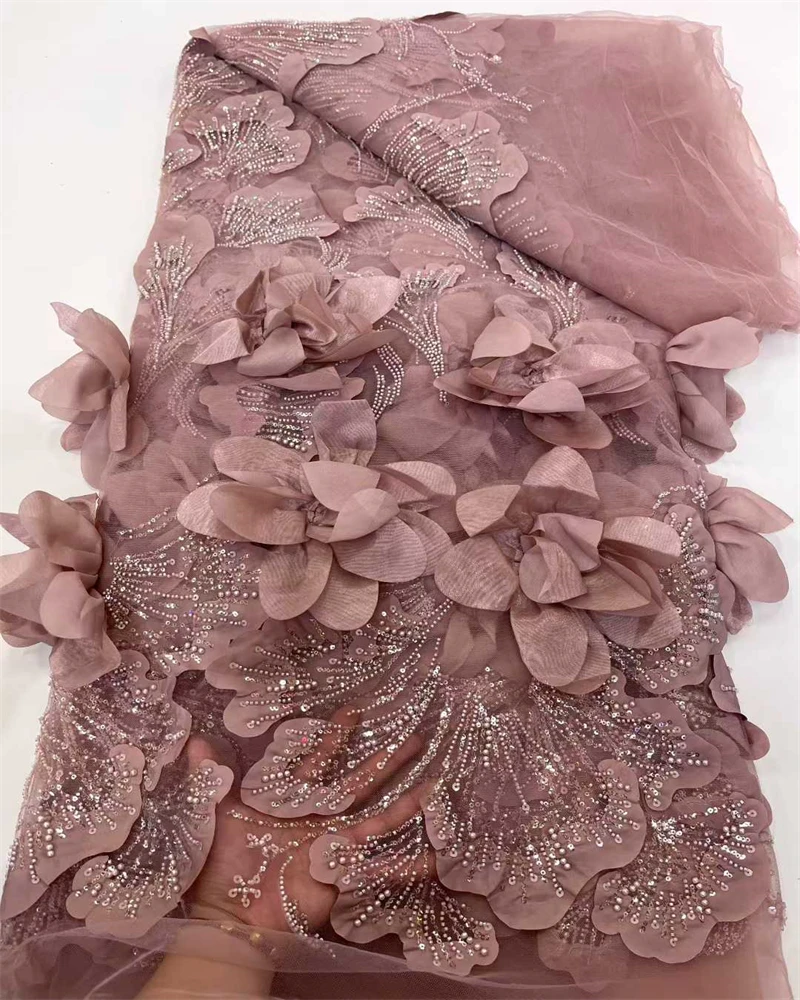 

Fashion French Mesh Lace Fabric 3D Flowers Embroidery Beads Sequins Wedding Dresses African Nigerian Style for Women