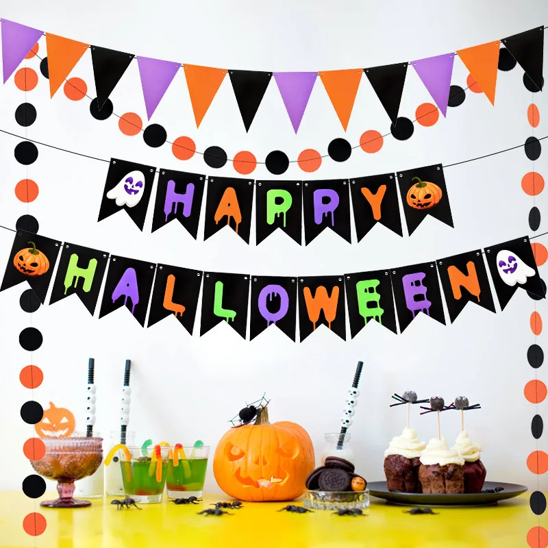 

Happy Halloween Letters Banner Pumpkin Ghost Bunting Colored Ribbon Colored Ball Banner Halloween Hanging Decors Bunting Flags