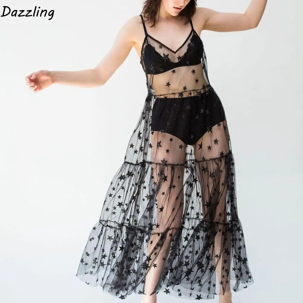 

Large Charming Lace Mesh Patchwork Maid Dress Star Spaghetti Straps V-Neck Sling Dress Summer Tulle Dress Women Cover Up