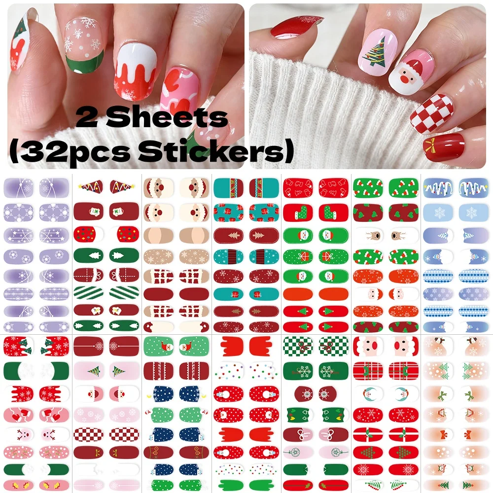 2 fogli (32 adesivi) Albero di Natale/Fiocco di neve/Papbo Natale Adesivi per smalto Cursore per unghie natalizio Non è necessaria la lampada Decalcomania per unghie