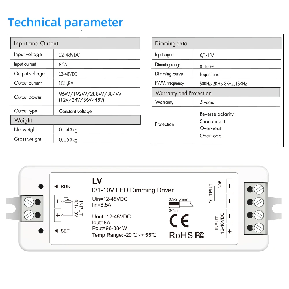 Mini 0/1-10V CV LED Dimming Controller 1 Channel DC12V 24V 36V 48V PWM Conatant Voltage Output 8A 384W 1 Channel 0-10V Dimmer LV