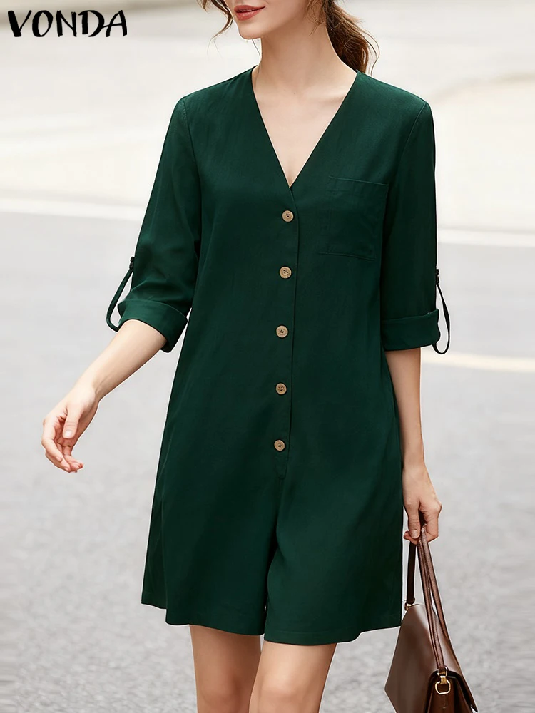 

2025 VONDA Women Autumn 100% Cotton Playsuits Long Sleeve V-Neck Short Jumpsuits Fashion Solid Pockets Elegant Office Overalls