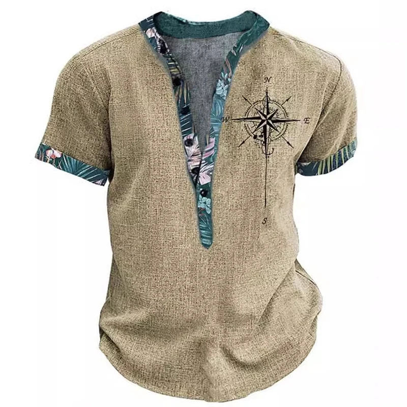 Summer 3D Printed Henry Short Sleeve Shirt Men's Fashion Street Clothing Button Short Sleeve Men's Top