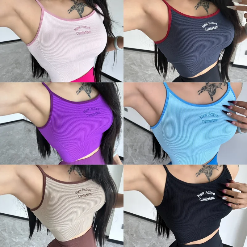 

Women's Spaghetti Strap Color Block Sports Bra - One-Piece Breathable Yoga Tank, Outerwear-Friendly Workout Bra