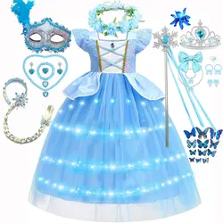 Summer Costume Classic Style Cinderella Blue Ball Gown Princess Dress Up Stripes Plus White Led Lights Outfit Dress for Girls