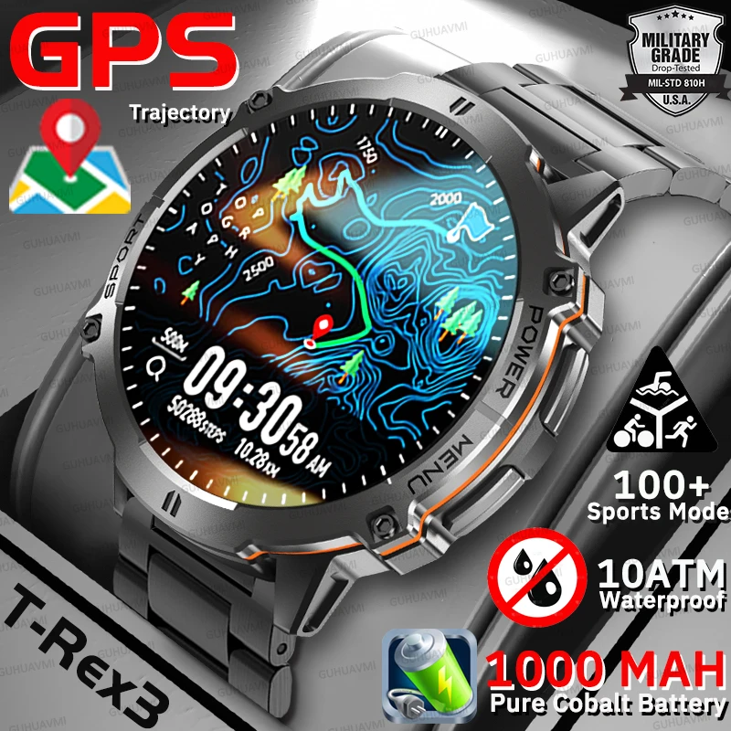 

НОВЫЕ спортивные мужские часы с GPS в стиле милитари, 1000 мАч, ультра Iong, аккумулятор, компас, Bluetooth-вызов, 10 атм, водонепроницаемые умные часы