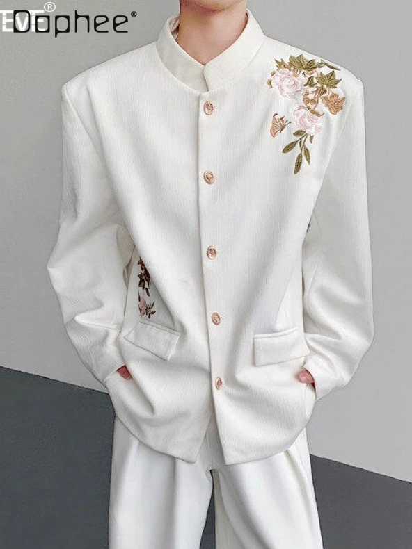 

Vintage Stand Collar Suit Fashion Heavy Embroidery Single Breasted Loose Slim Jackets for Men High-end Handsome Suit Top for Men