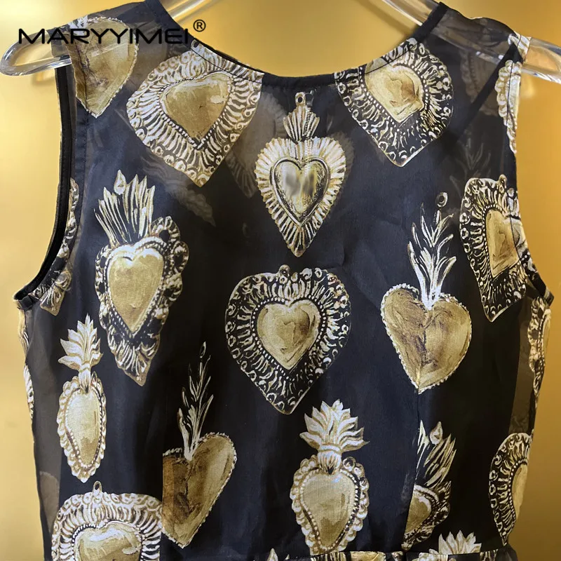 Imagem -04 - Maryyimei-saia Midi sem Mangas e Saia de Cinta de Espaguete para Mulheres Cetim Cromado Transparente Seda Estampada Vintage Conjunto de Peças Moda