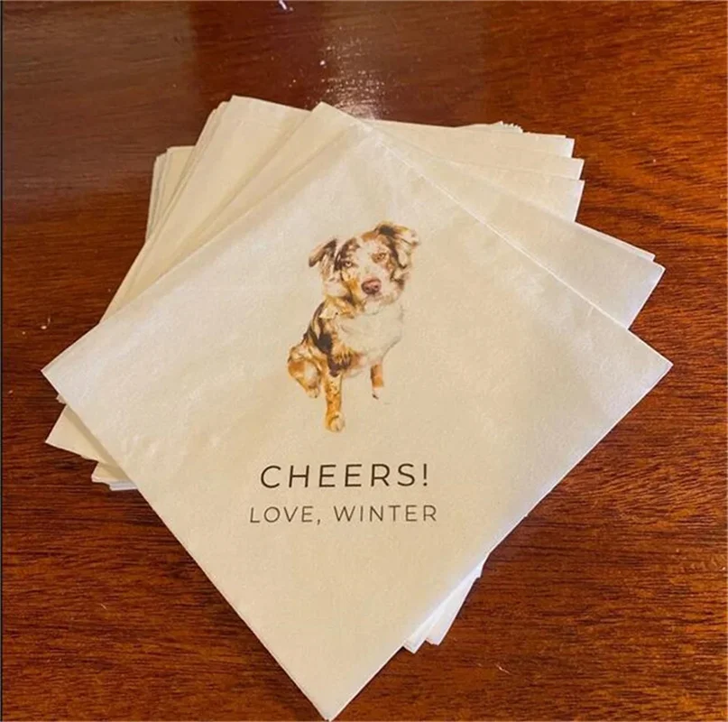 

50pcs Full Color Personalized Pet Wedding Cocktail Napkins, Custom Dog Cocktail Napkins Wedding, Couple Monogram Wedding