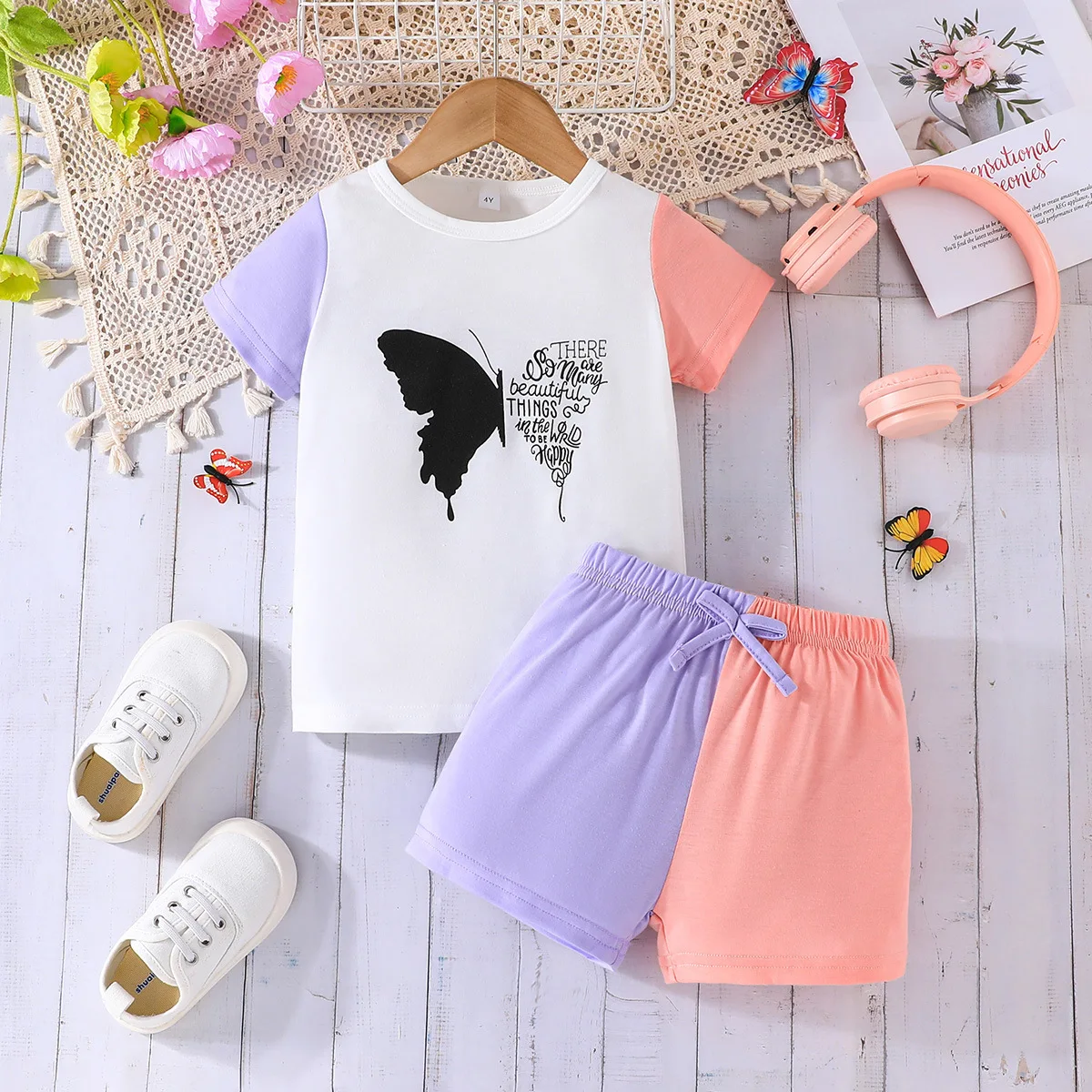 

2024 New Summer Child Clothes Sets Short Sleeve Print Butterfly Patchwork Purple 2 Piece Sets Designer Girls Clothes Sets 4-7T