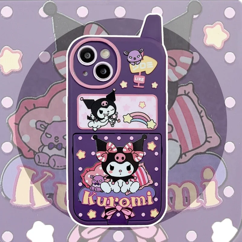 Cute Cartoon Sanrio Kuromi Hidden Flip-up Makeup Mirror Phone Case For iPhone 15 14 13 12 11 Pro Max Cases Shockproof Hard Cover