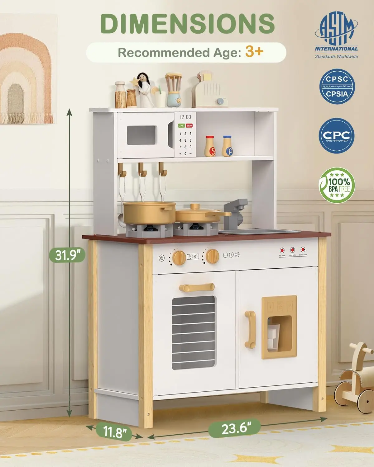 Ensemble de jeu de cuisine en bois pour enfants, lumières réelles, sons, cuisinière, évier, four, enfants à partir de 3 ans, accessoires, 30 pièces