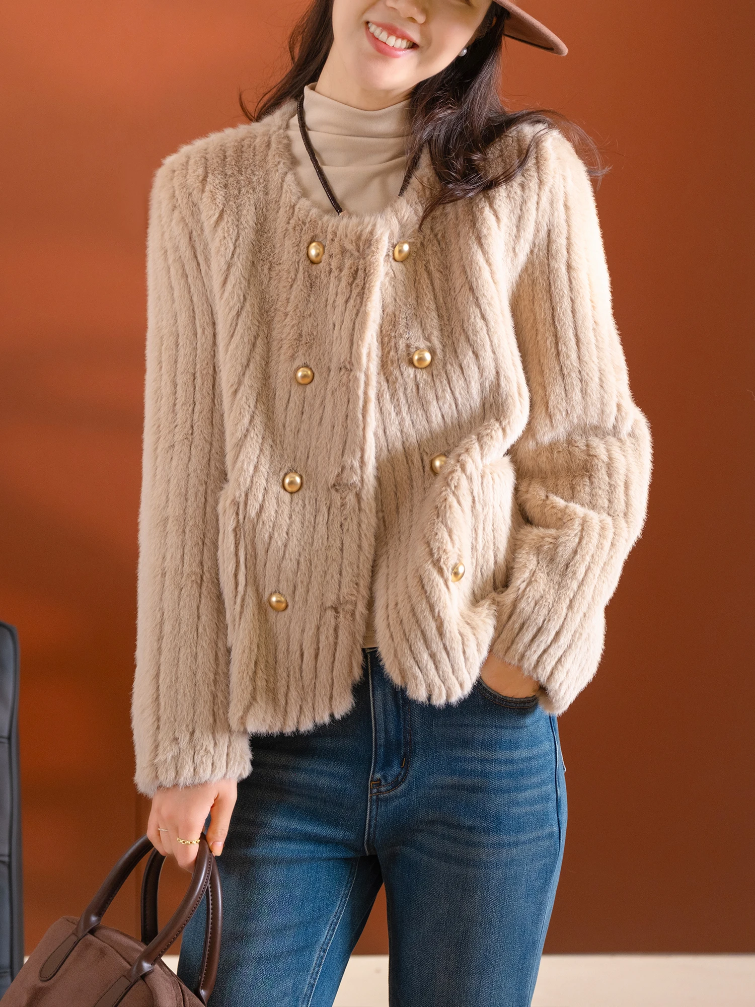 

Ele Rabbit Fur Coat Smooth round Ne Button Design Women's Warm Outerwear Polyester Fiber Long Sve Daily Wear