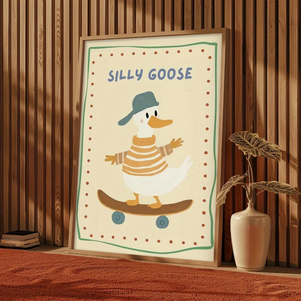 1 Piece of Frameless Silly Goose Canvas Printed Poster, Cute Duckling in Striped Shirt and Hat, Home Decoration, Duck Decoration