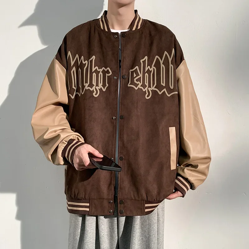 

Vintage Suede Leather Baseball Jacket Streetwear Hip Hop Men Bomber Jackets Oversized College Style Couples Spring Autumn Coat