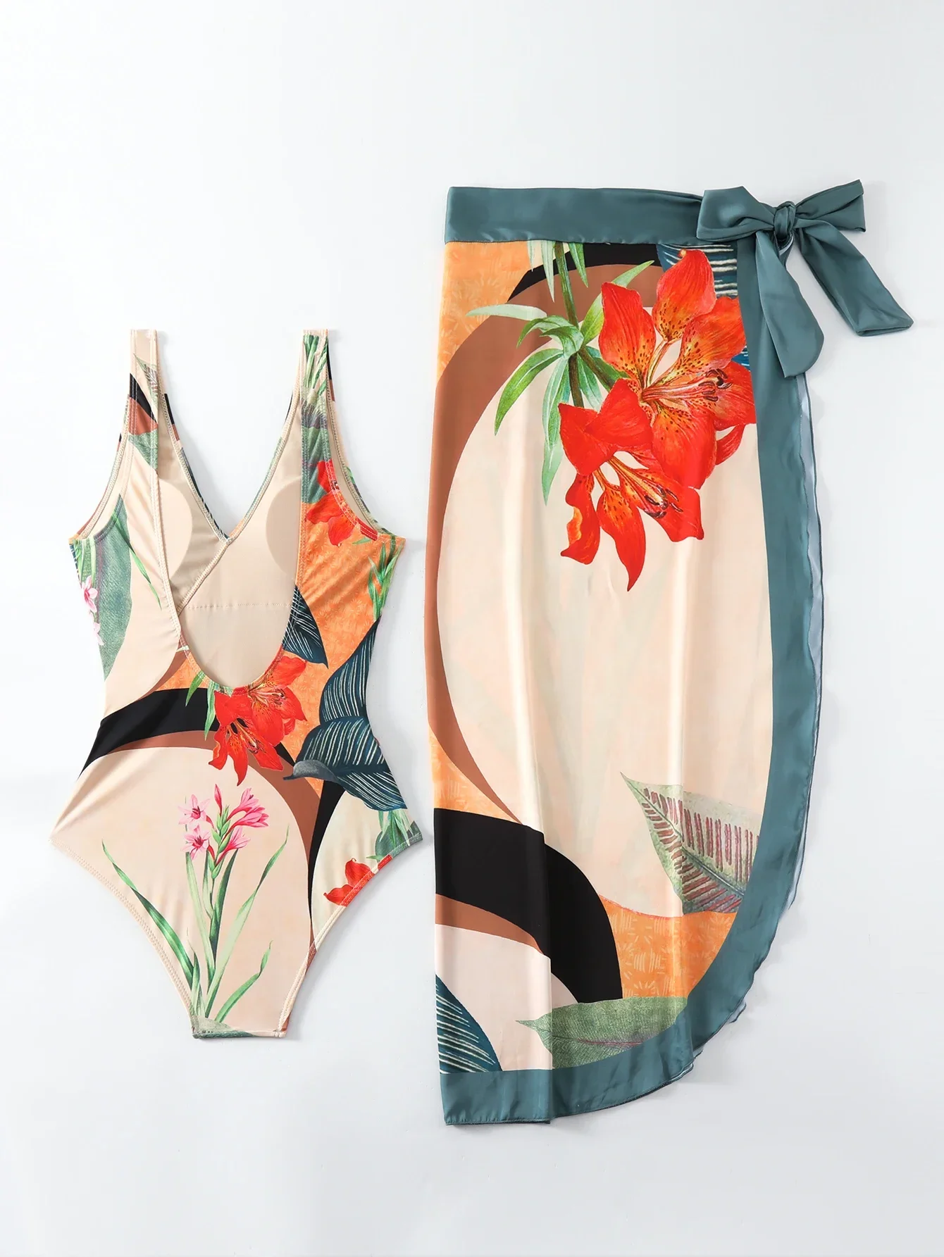 Costume da bagno intero da donna retrò con gonna in garza estiva nuova stampata in vita snellente