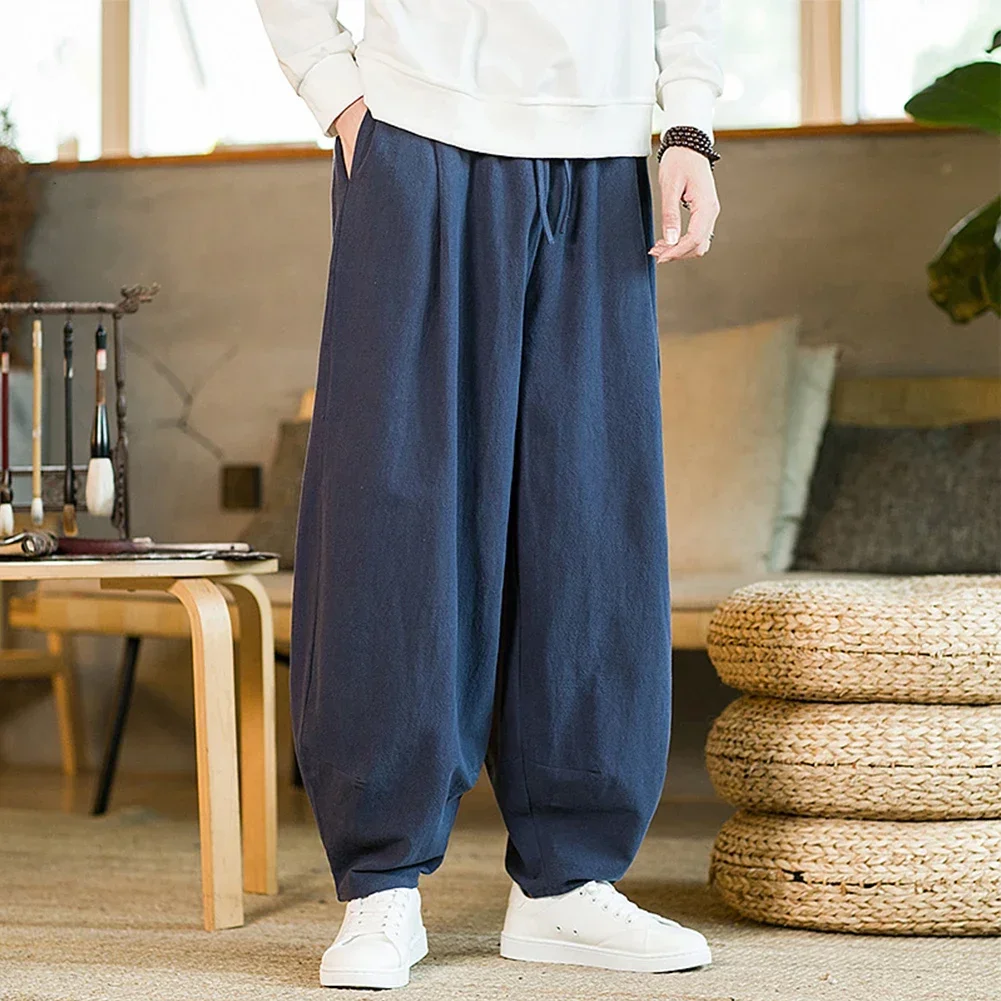 

Fashion Men's Chinese Style Kung Fu Pants Baggy Trousers Wide Leg Cotton Linen Blend Elastic Waist Loose Casual Harem Pants