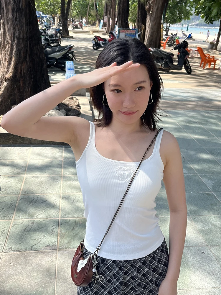 

Wonghome Retro Casual Cool Girl Patchwork Knitted Elastic Summer Vest with Chest Pad Cotton Nylon Short Style High Elasticity