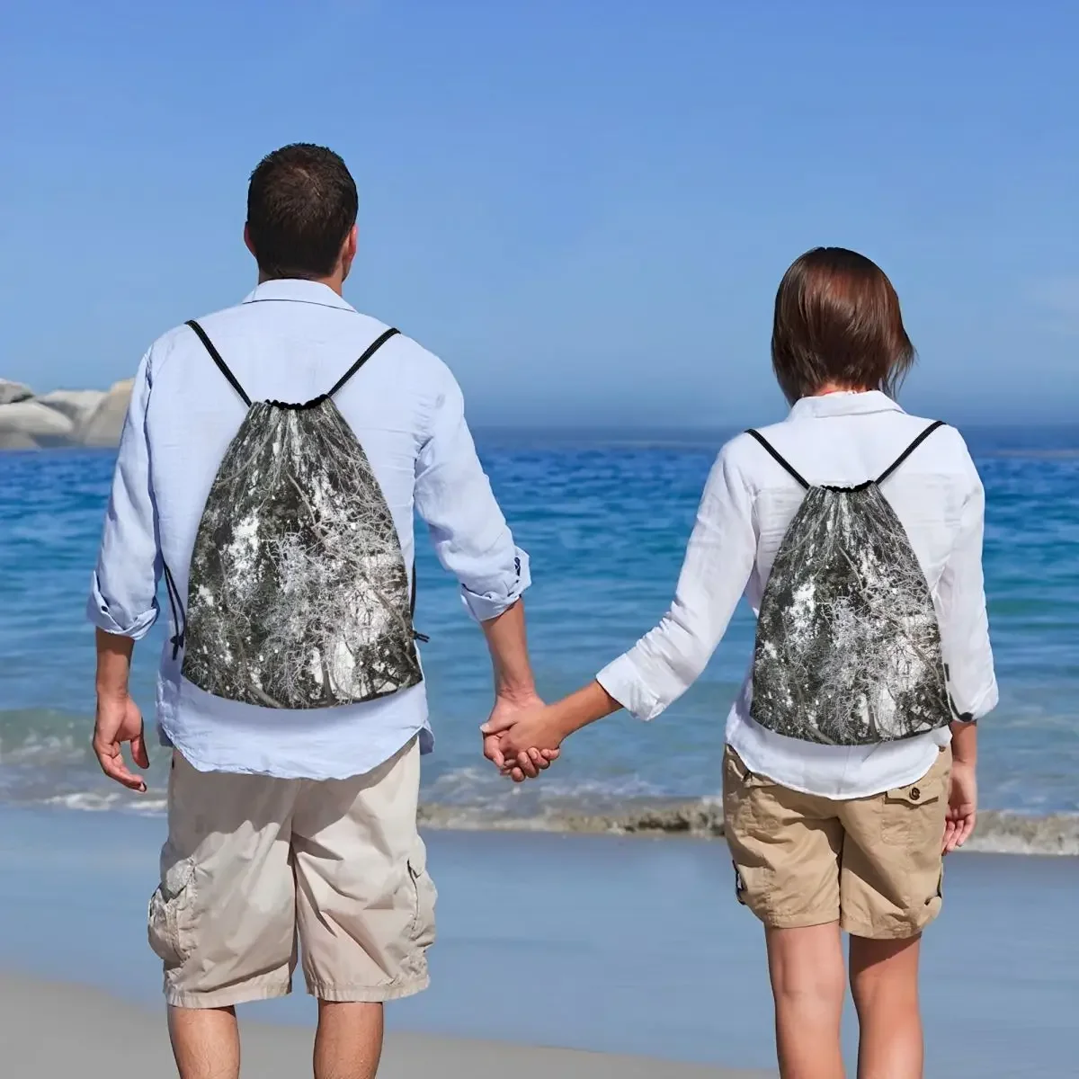 사용자 정의 실제 나무 위장 눈 패턴 Drawstring 가방 여성 남성 경량 카모 스포츠 체육관 스토리지 배낭