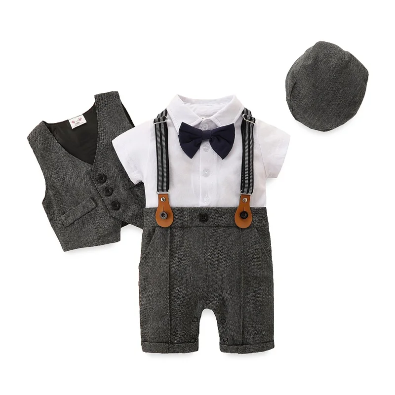 Baby Boys Jumpsuit Set Gentleman Short Sleeve Romper Gilet Hat Summer Outfit