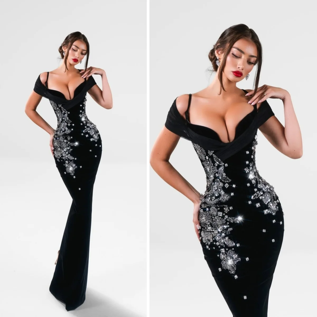 

Black Sexy Women's Evening Dress Diamond Crystal Off Shoulder Tight Mermaid Beading Spaghetti Strap Bodycon Vestidos Customized
