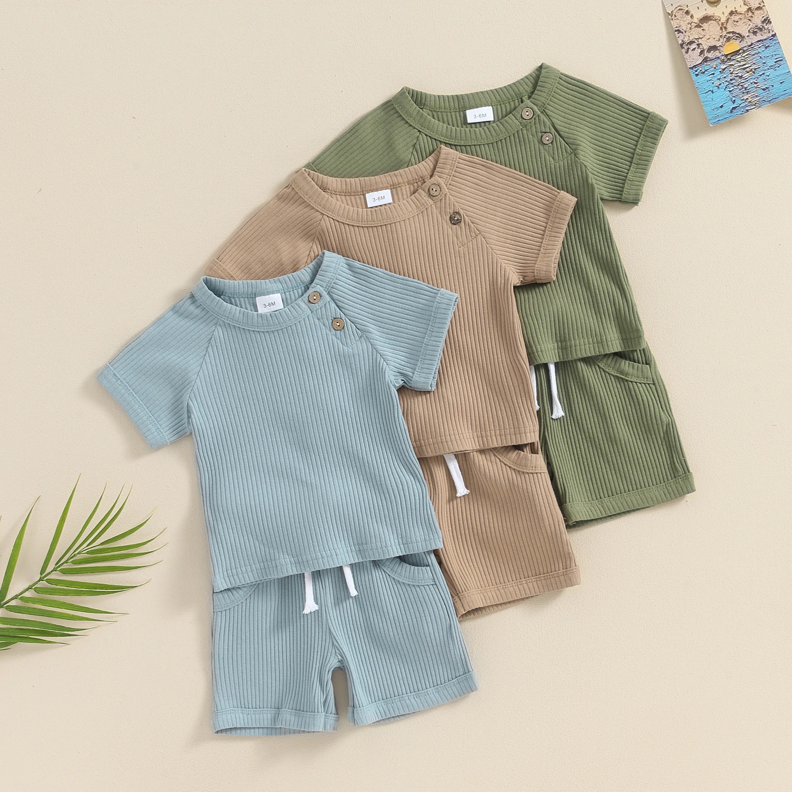 

Baby Boys Summer Knitted Outfits Solid Color Short Sleeves T-Shirt Tops Elastic Shorts for 2 Piece Vacation Clothes Set