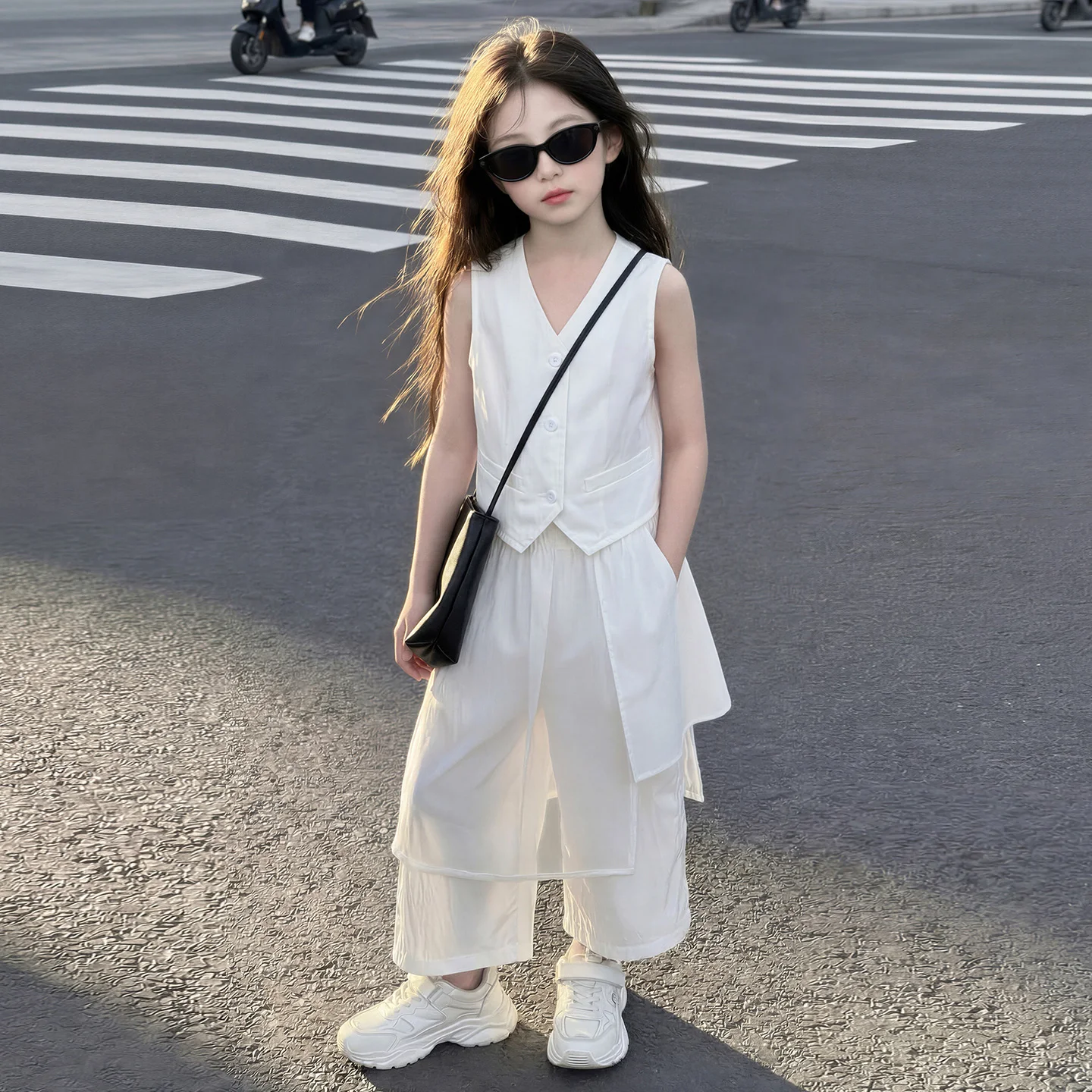 ベーシックガールズサマー2ピースアウトフィット-ミニマリストノースリーブvネックベスト＆ワイドレッグパンツセット-ジュニアティーンガールカジュアルキッズ服