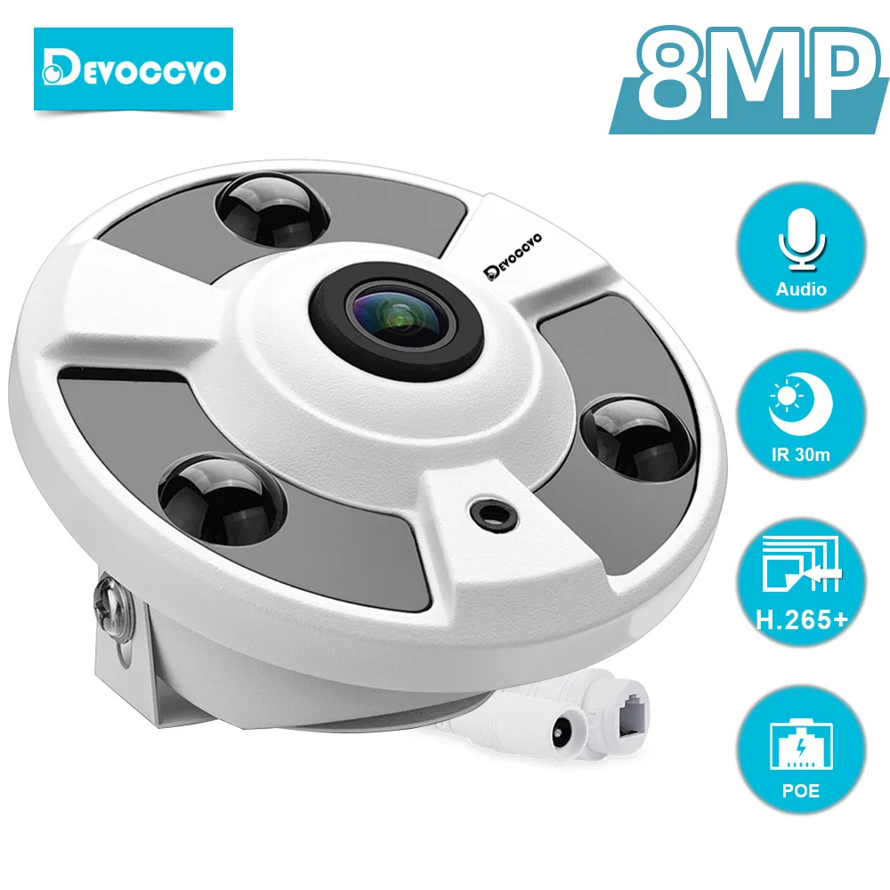 8MP 4K Ultra HD Fisheye IP Camera 180 Degree Wide Angle Panoramic Security Camera POE Audio Network IP Video Surveillance System