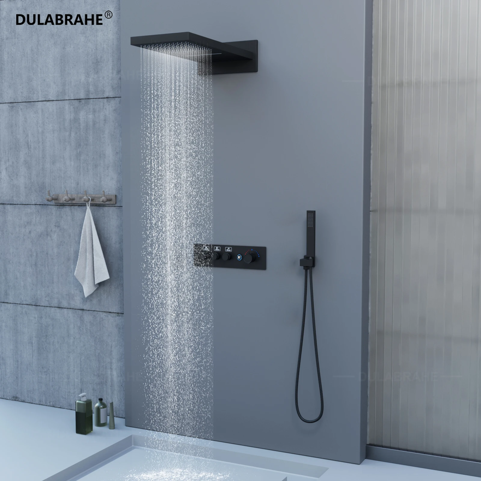 Wall Mounted 500*230mm Rain Waterfall Shower Head Set Bathroom Thermostatic Digital Display Shower Faucet