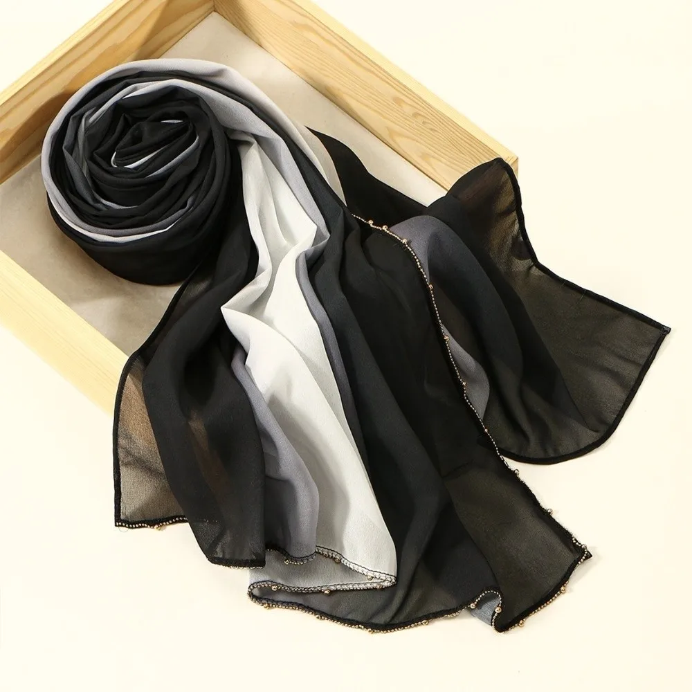 موضة التدرج مزدوجة الألوان العرقية نمط وشاح الذهب حبة الخرز سلسلة الحجاب رقيقة باندانا يلتف شال الزفاف #1