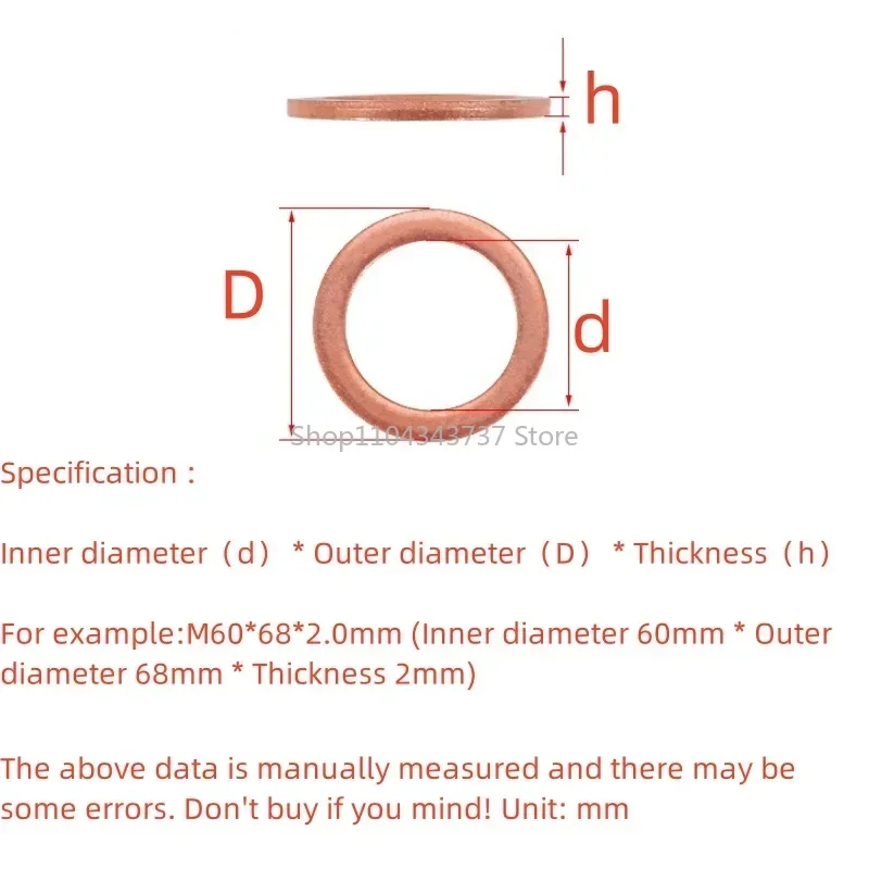 Flat Gaskets M3 M4 M5 M6 M8 M10 M12 M14 M16 M18 M20 M22 M24 M27 M30 M50 M60 Copper Plain Washer Boat Fastener Hardware