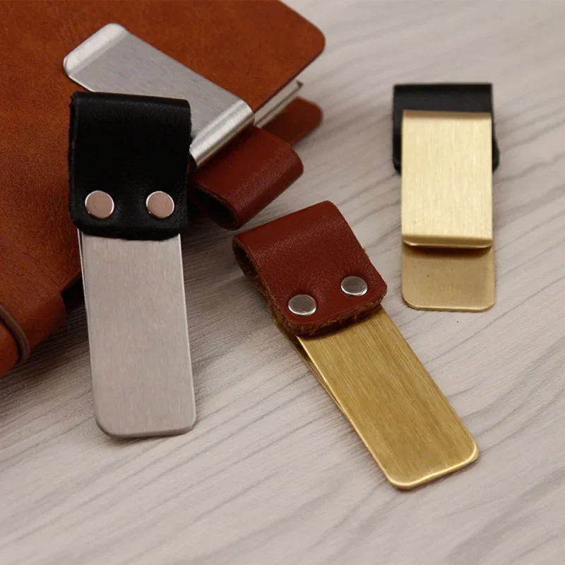 STONEGO Handmade Leather Brass Stainless Steel Pen Holder Clip Journal Notebook Paper Folder Writing Office Supplies image 5