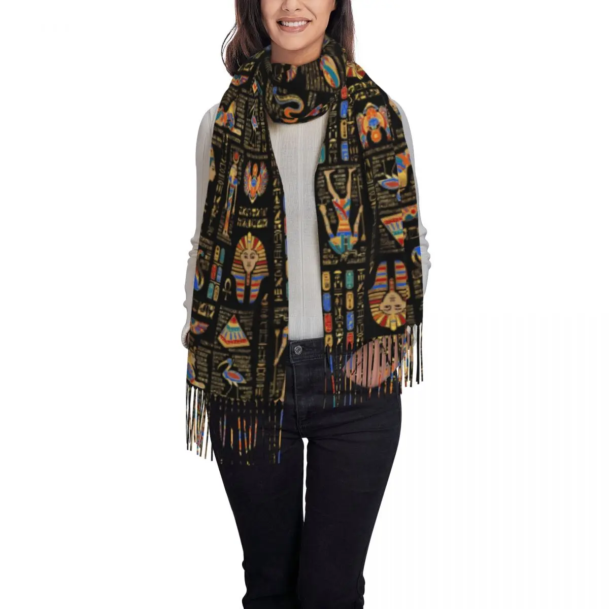 Female Long Egyptian Hieroglyphs And Deities Scarves Women Winter Thick Warm Tassel Shawl Wraps Ancient Egypt Art Scarf