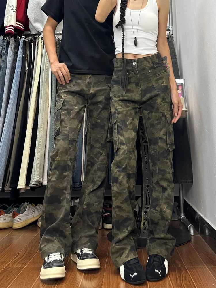 

Американские ретро-брюки-карго с камуфляжным принтом, мужские, с высокой талией, прямые, слегка расклешенные джинсы, повседневные, износостойкие, осенние, модные