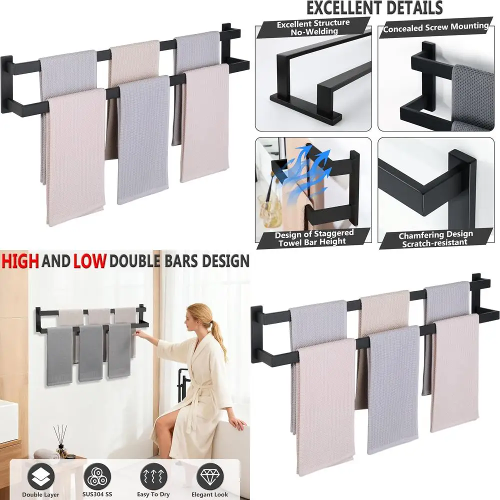 

32 Inch Wall-Mounted Double Towel Bar, Black Stainless Steel Towel Rack for Bathroom Lavatory