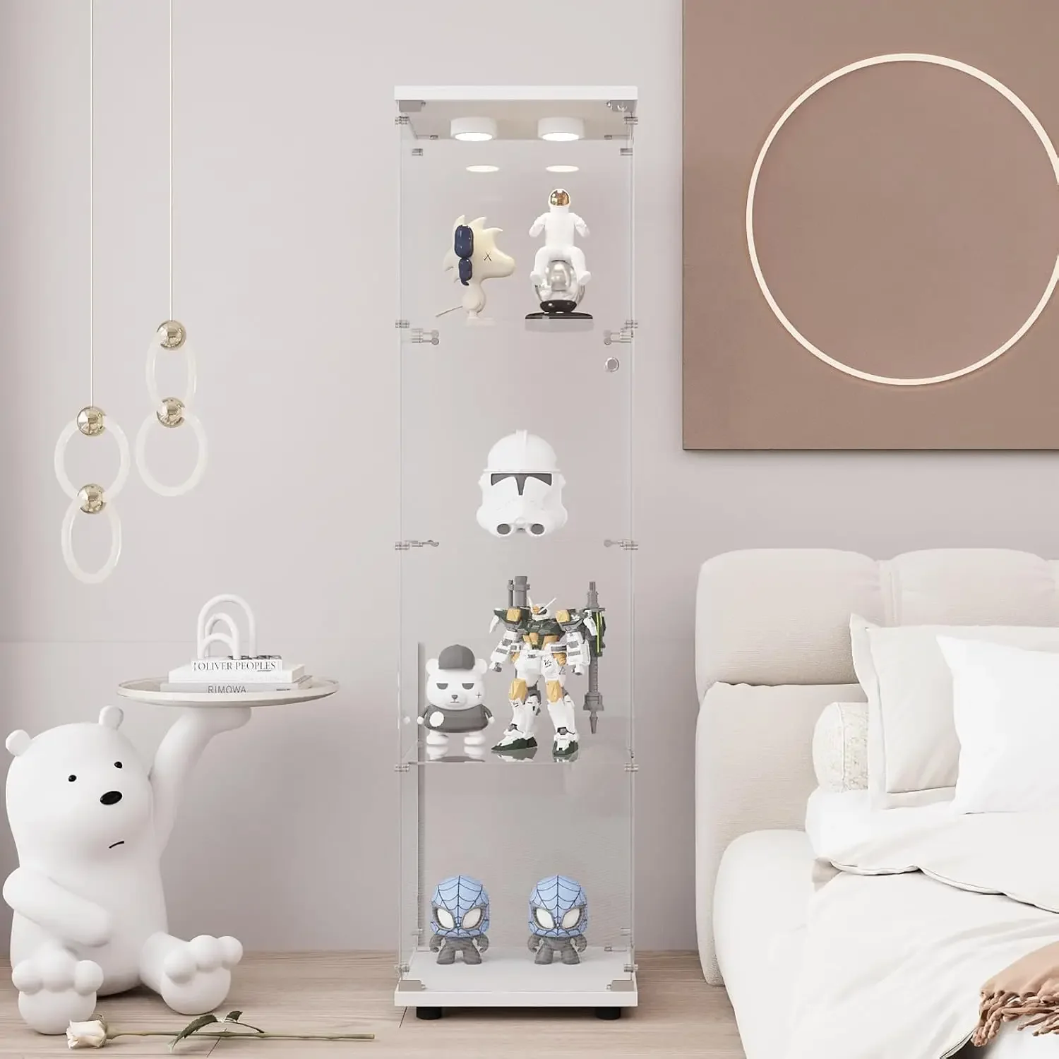White Glass Display Cabinet With Led Light 4 Shelf Lock Collectible Case