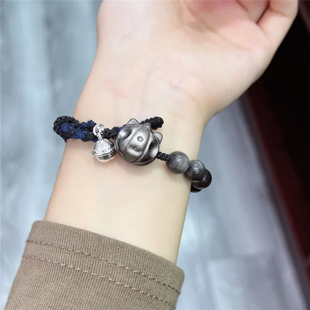 Silver Obsidian Little Monster Braided Rope Adjustable Bracelet Bell Pendant Ins Niche Design Romantic Fine Ladies Jewelry Gift