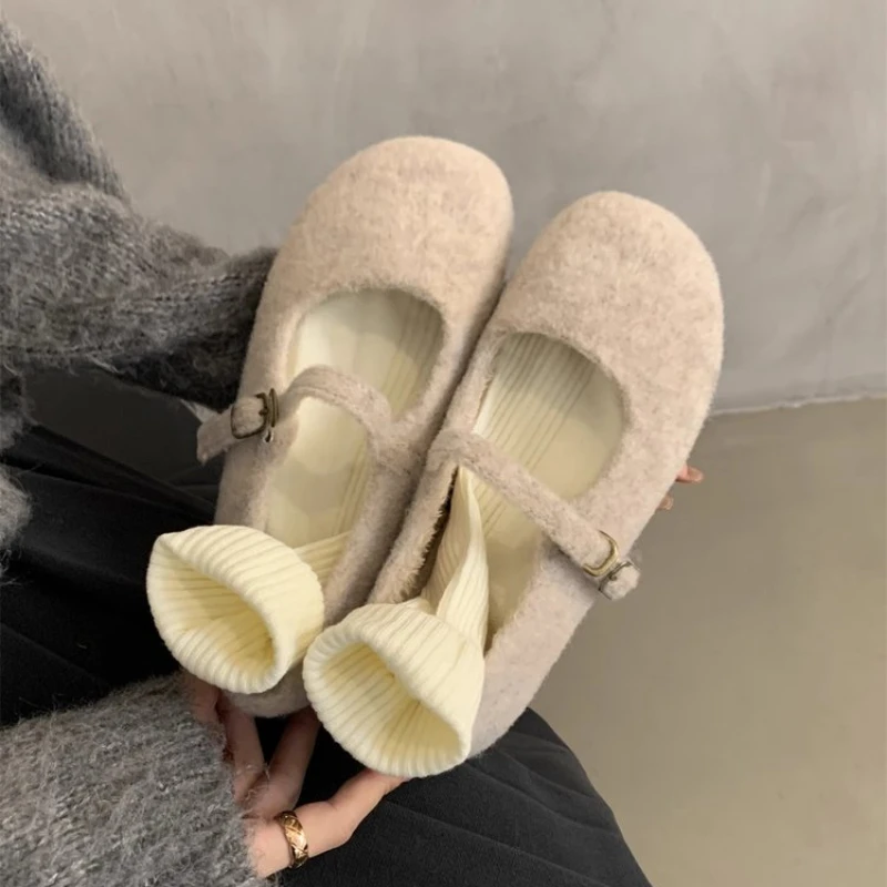 Womens Warm Wool Square Ballet Flats Elegant Plush Loafers Essence Mary Shoes Ladies Brand Design Parker Smile Flet Winter