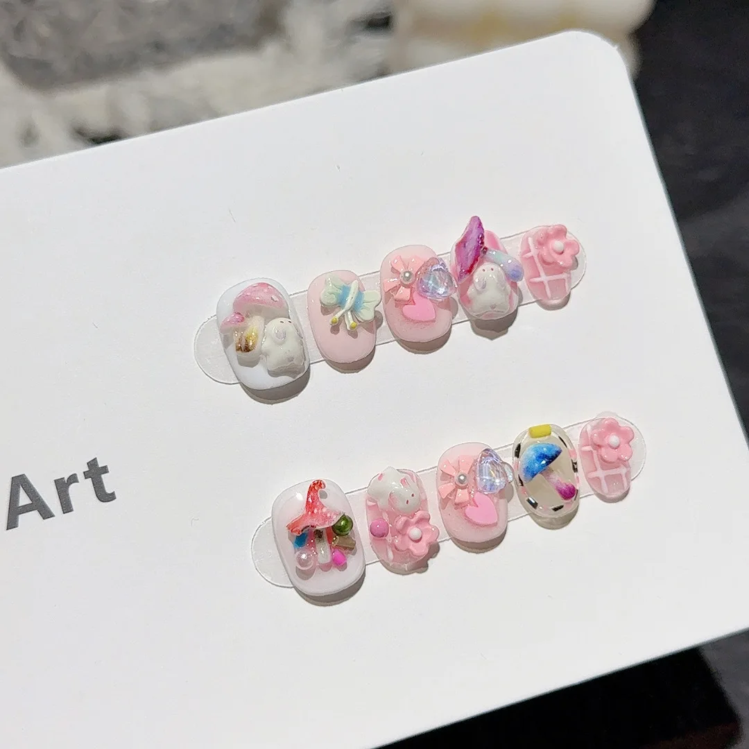 10 قطعة الصحافة اليدوية على الأظافر Ins الحلو الفطر أرنب ديكور الأظافر وهمية يمكن ارتداؤها انفصال الحلو لطيف قصيرة الوردي الأظافر كاذبة #3