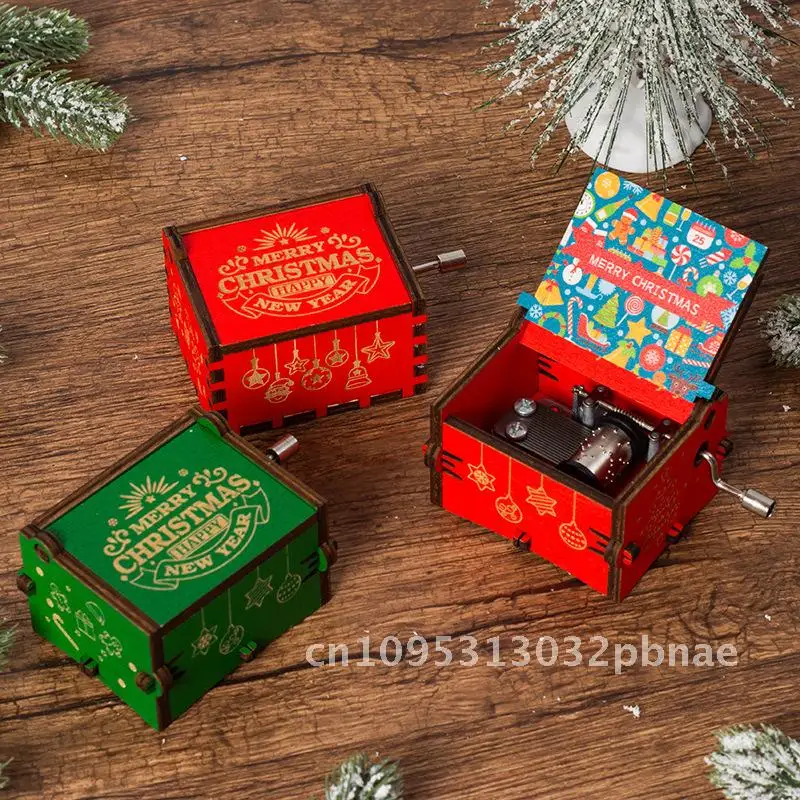 

Christmas Music Box Gift Wooden Music Box Ornaments Wooden Wish You Merry Christmas Hand-cranked Music Box