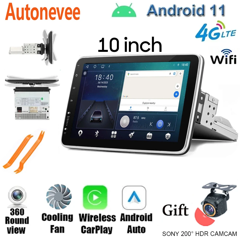 Video Player Android Car Multimedia Player 4G/ WIFI 1Din 32G/64/128G10inch 360° Rotatable Screen GPS WiFi Universal Stereo Radio