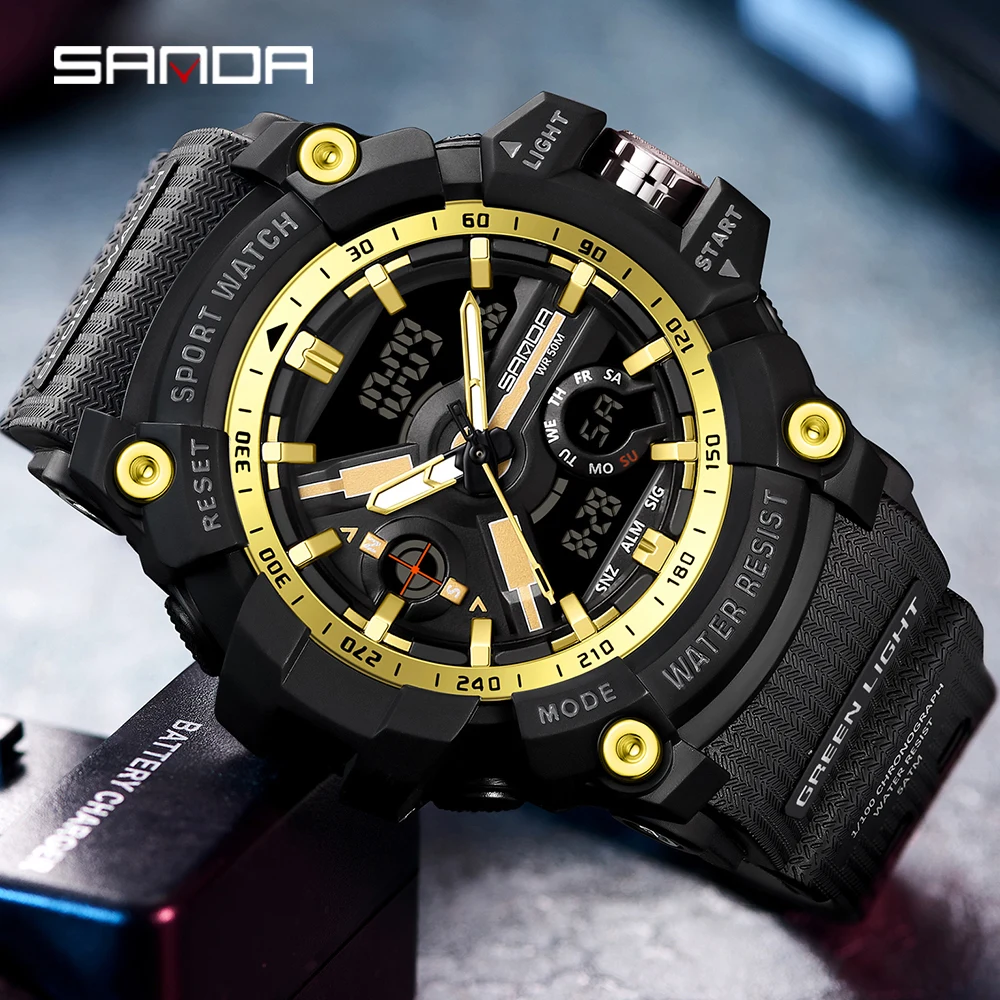 

SANDA 3179, модные мужские студенческие электронные часы с двойным дисплеем, спортивные водонепроницаемые мужские электронные часы с таймером, будильник