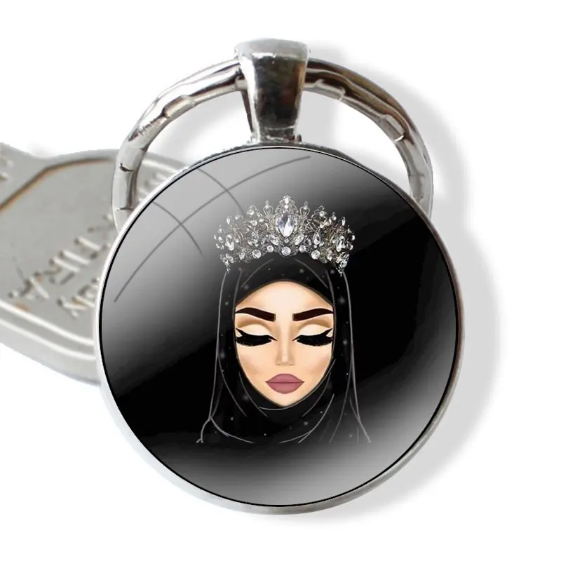 Keychain Handmade Glass Cabochon Key Ring Holder Pendant Key Chains Muslim Islamic Gril Eyes Woman Hijab Face Crown