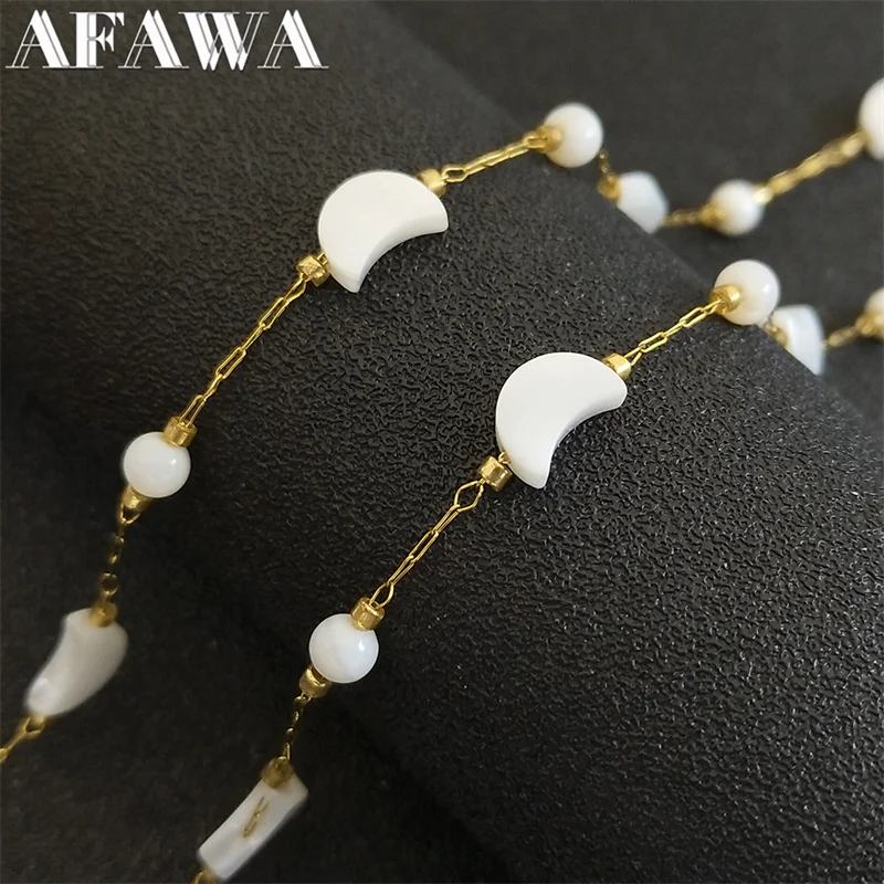 Stylish Moon Beaded Necklaces Bracelet For Women Gold Plated Stainless Steel Boho White Shell Chain Choker Jewelry LT101S02