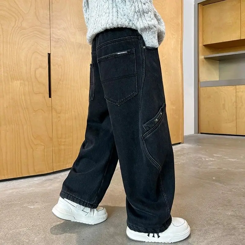 

Autumn Streetwear Jeans with Rips and Rivets, Comfortable Stretchy Fabric 2025 New Boys' Casual Jeans for Kids 6-12 Years Old